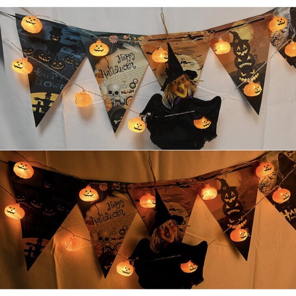 Decor Halloween Decorations Pumpkin String Lights 10ft 20 LED Lights Lot of 2 - Picture 4 of 7